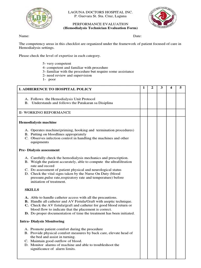 Dialysis Technician Evaluation Form Hemodialysis Medicine Free 30