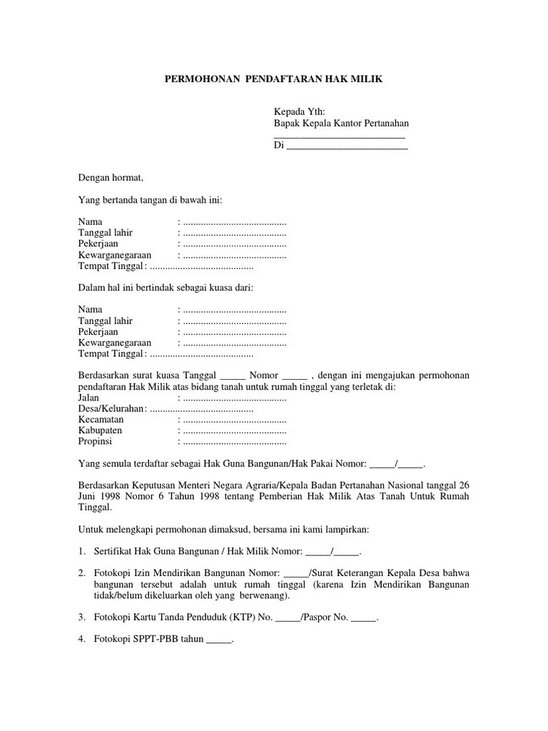 Surat Permohonan Pendaftaran Hak Milik (Sertifikat Prona) Format Word Doc