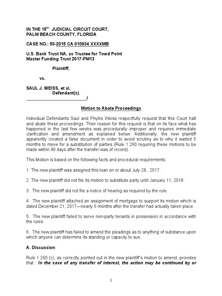 Motion To Abate Weiss PDF PDF Pleading Standing (Law)
