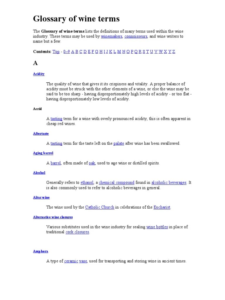 Glossary of Wine Terms PDF Winemaking Wine