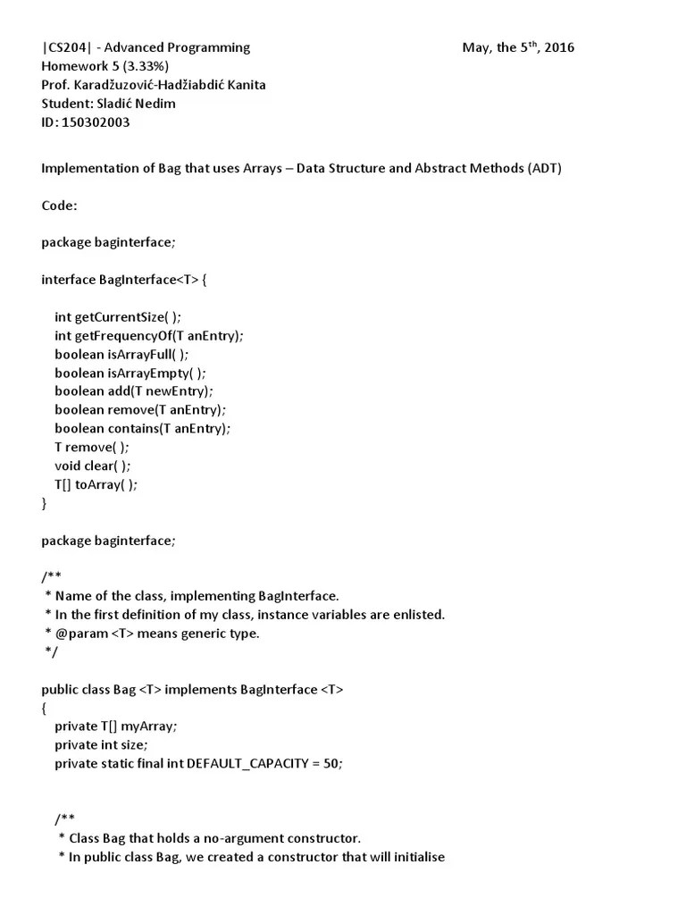 Homework 5 Bag Interface Implementation (ADT) PDF Boolean Data Type Class