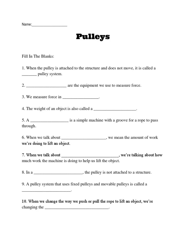 Pulleys Quiz PDF Force Machines