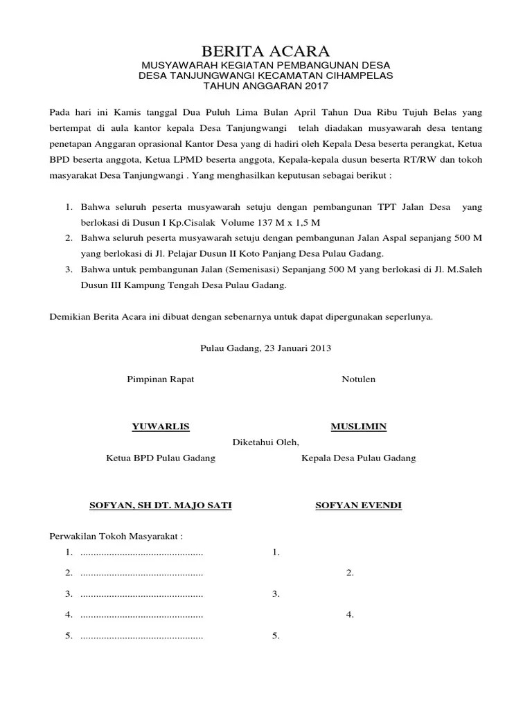 Contoh Berita Acara Musyawarah Desa - Mosaicone
