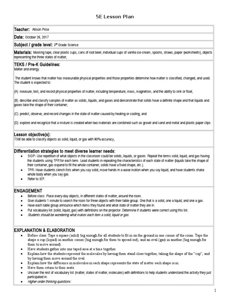 Solids Liquids GasesLesson Plan PDF Gases Liquids