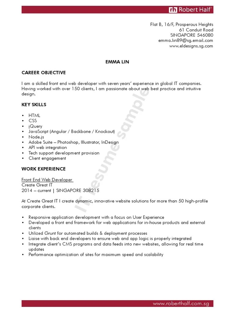 Robert Half Singapore IT Resume Sample Websites Mobile App
