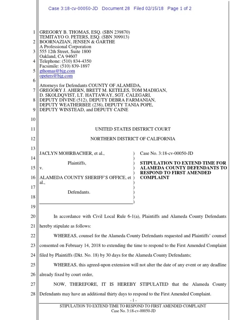 Stipulation To Extend Time For Alameda County Defendants To Respond To