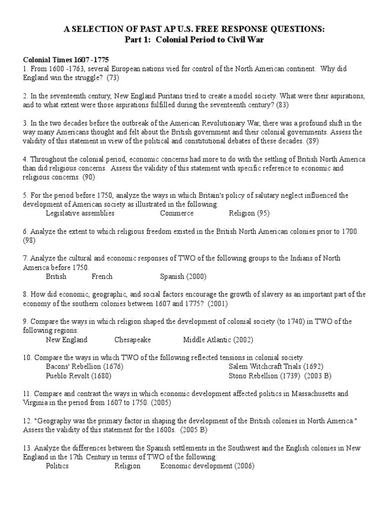 Past AP Frqs PDF American Revolution Thirteen Colonies