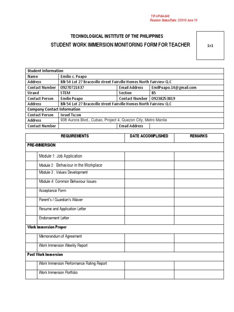 2 Student Work Immersion Monitoring Form