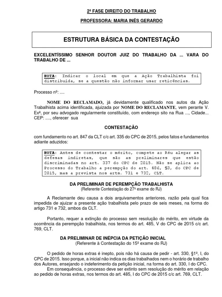 Estrutura da Contestação Trabalhista PDF Hora extra Férias