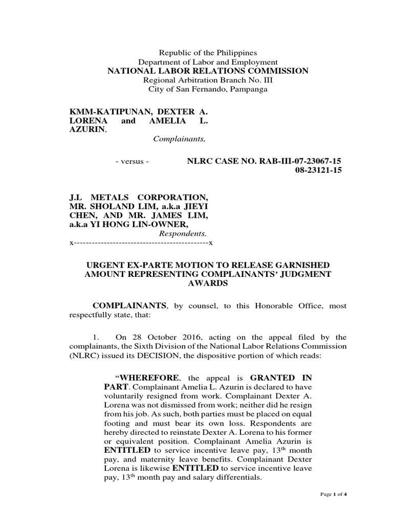 Motion To Release GarnishmentLorena Siblings PDF Judgment (Law