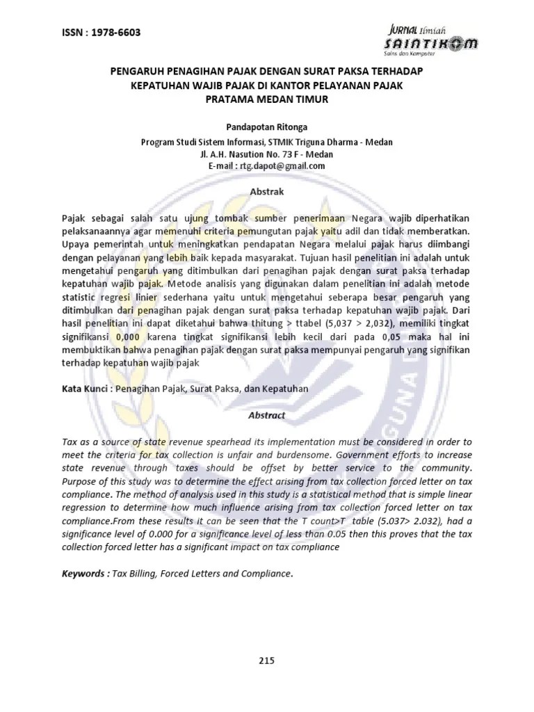 Pengaruh Penagihan Pajak Dengan Surat Paksa Terhadap Kepatuhan Wajib Pajak  Di Kantor Pelayanan Pajak Pratama Medan Timur | PDF