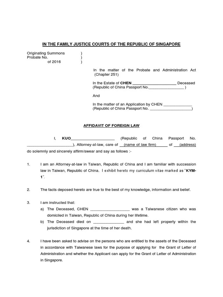 Affidavit of Foreign Law Sample Inheritance Probate