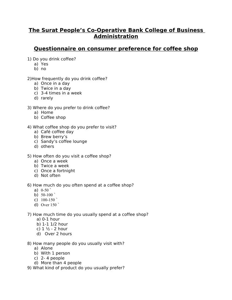 Coffee Questionnaire Coffee Drink