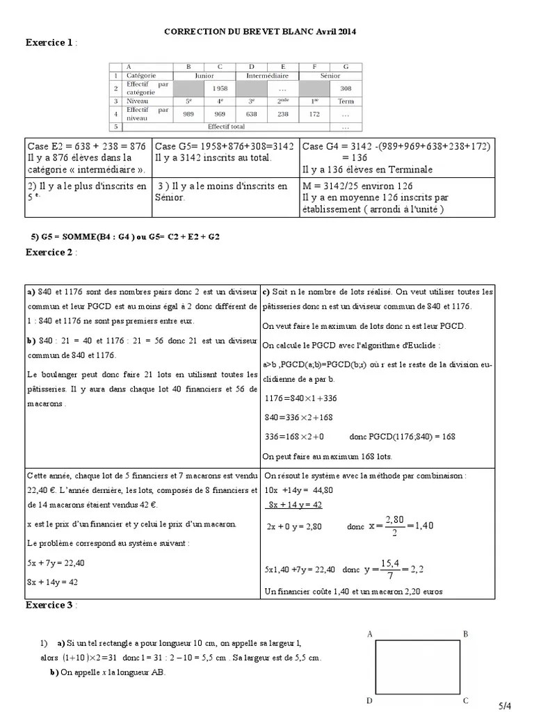 Correction Brevet Blanc 2015 Maths Triangle Physique