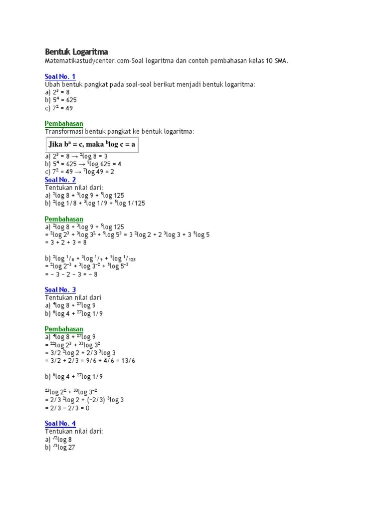 Soal Dan Jawaban Logaritma Kelas X Power For Your Blog