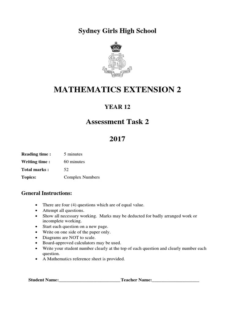 2017 Yr12 Maths Extension 2 Task 2 PDF Complex Number Sine