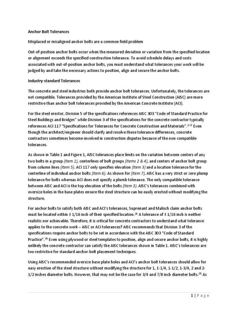 Anchor Bolt Tolerances PDF Structural Steel Engineering Tolerance