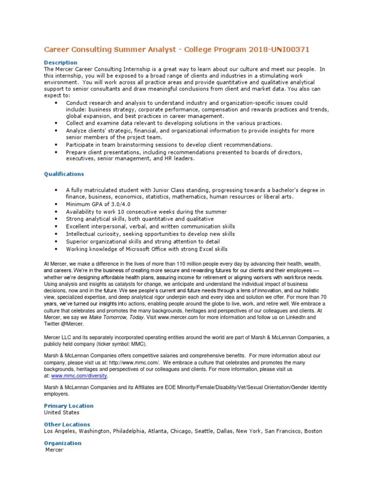 Mercer Job Description PDF Qualitative Research Consultant