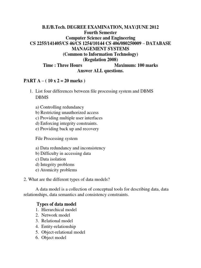 DBMS Univ Question With Answer PDF Database Index Databases