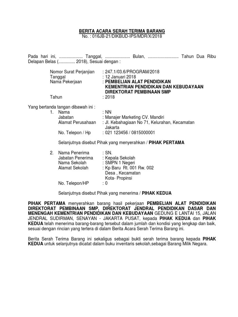 Contoh Format Berita Acara Serah Terima Barang Belajar