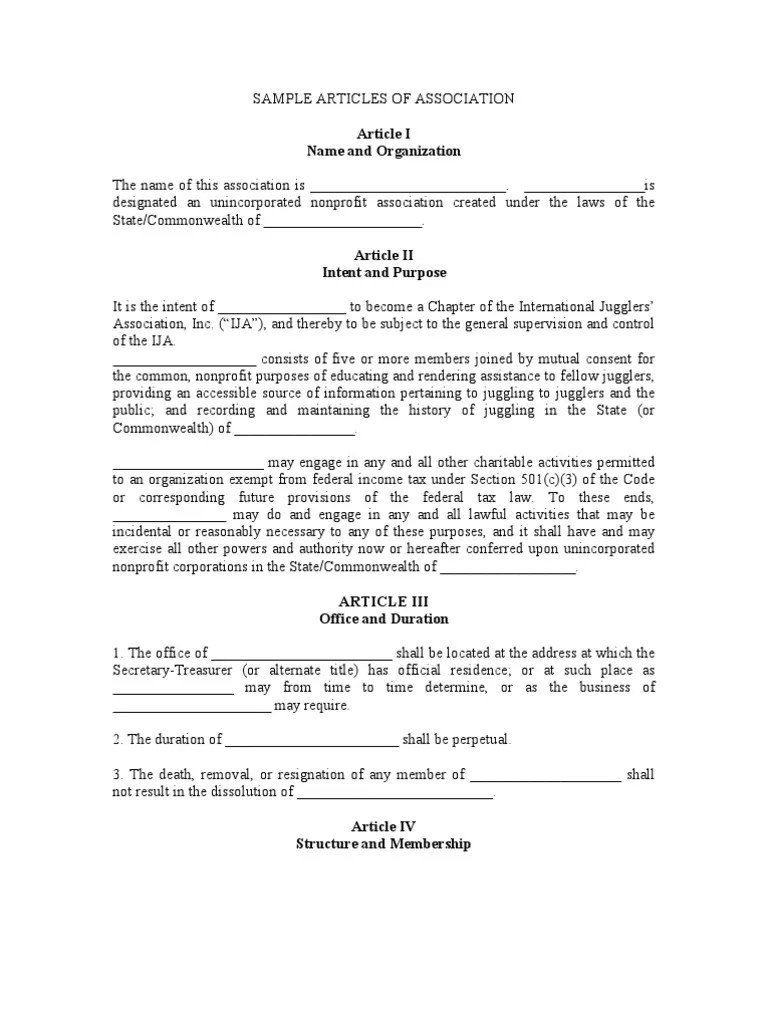 Articles of Association Template Nonprofit Organization 501(C