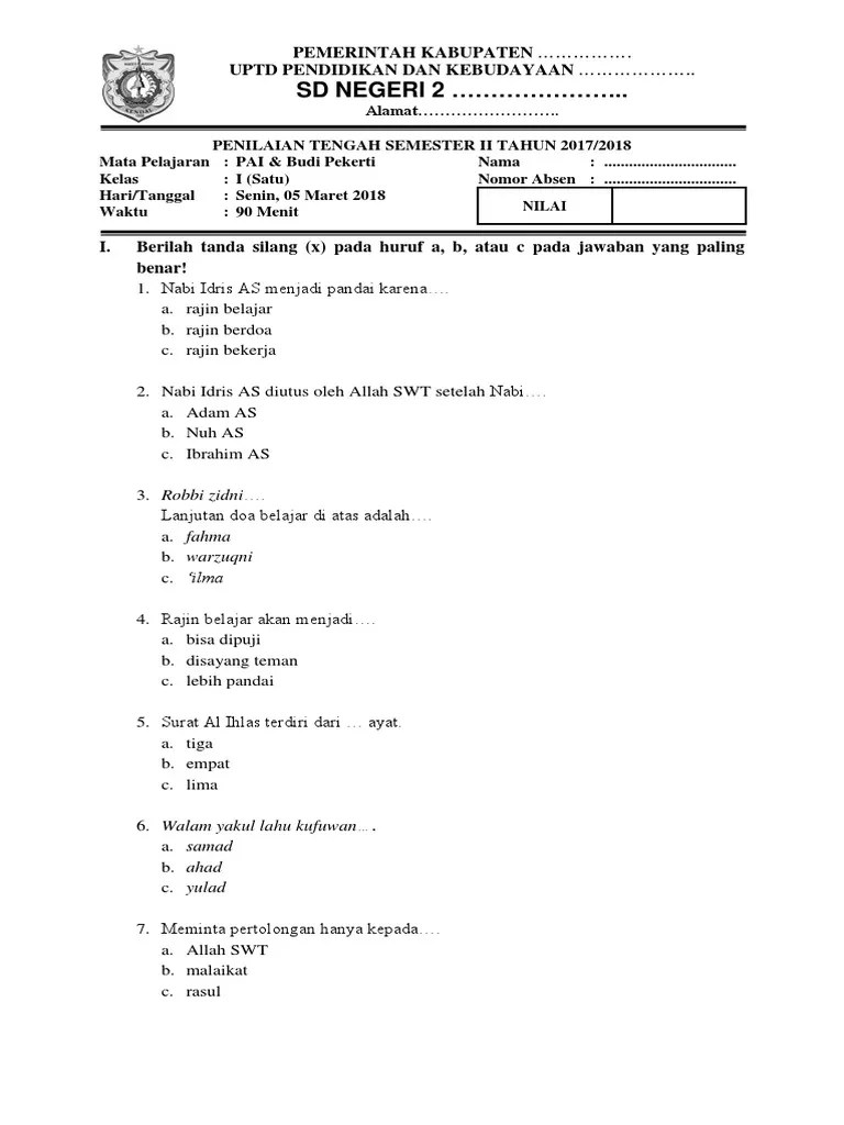 Contoh Soal Ukk Kelas 2 Sd Agama Islam