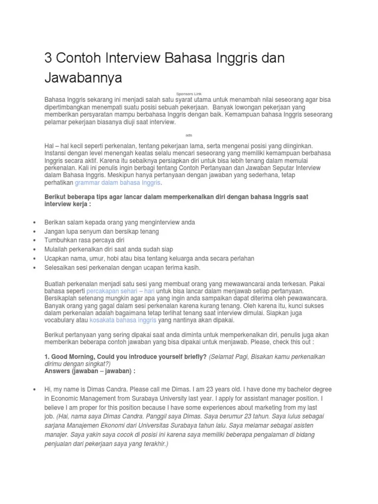 Pertanyaan Interview Dalam Bahasa Inggris Dan Jawabannya