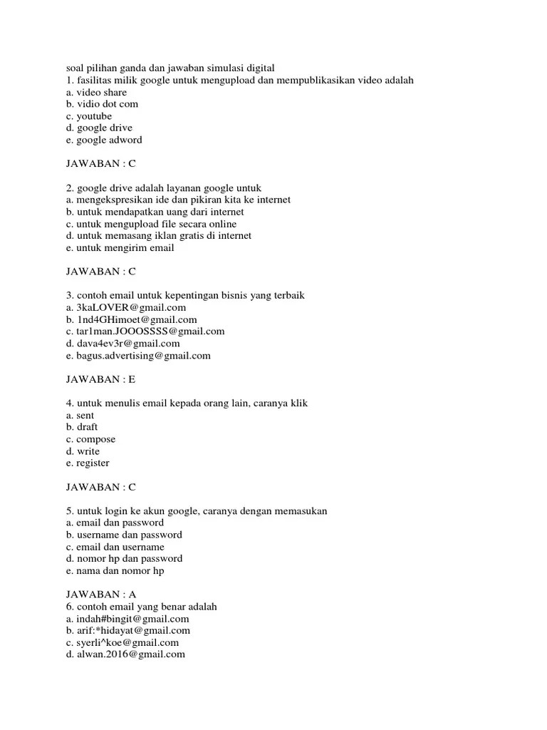 Contoh Soal Pilihan Ganda Dan Jawaban Simulasi Digital