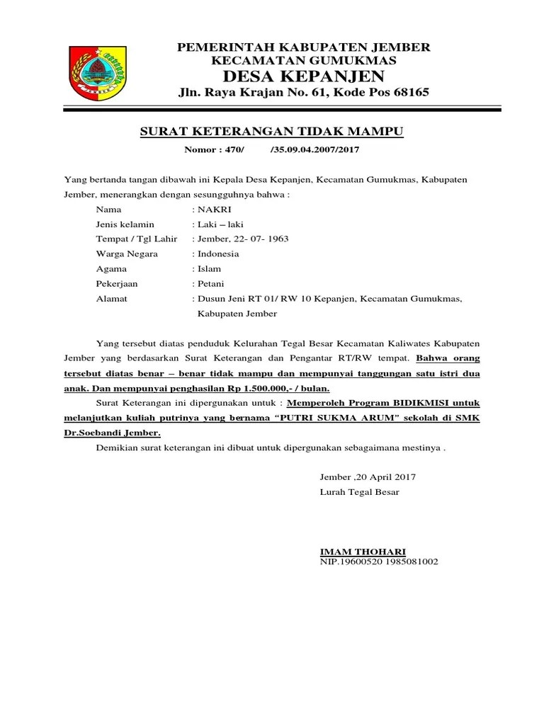 Contoh Surat Keterangan Tidak Mampu Jember