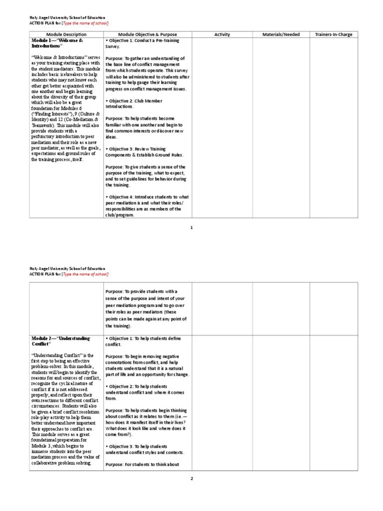 ACTION PLAN TEMPLATE Peer Mediation Training by Module Mediation