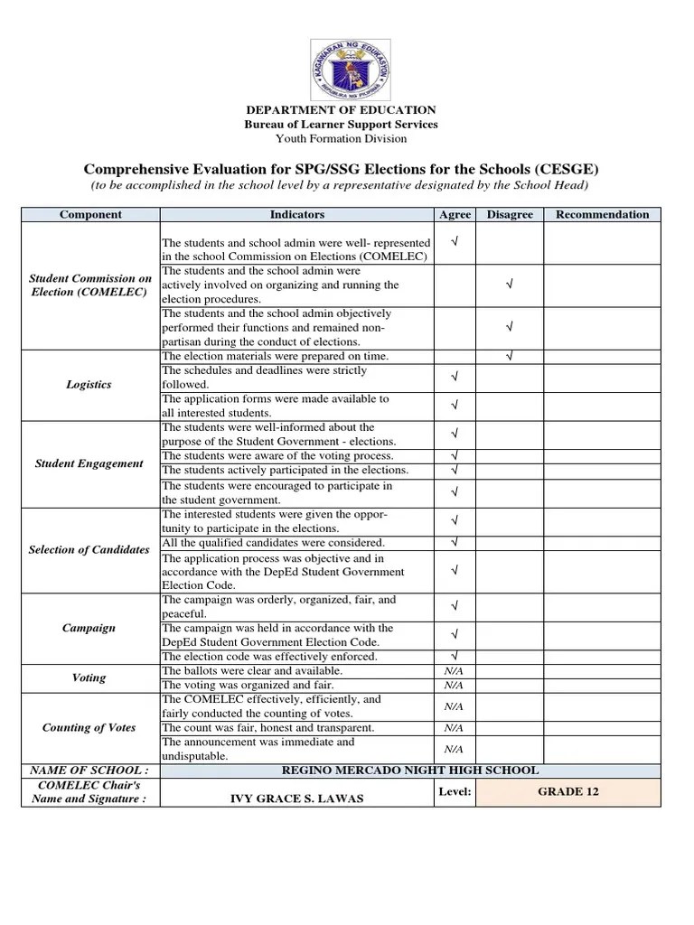 Comprehensive Evaluation for SSG Elections for the Schools Political