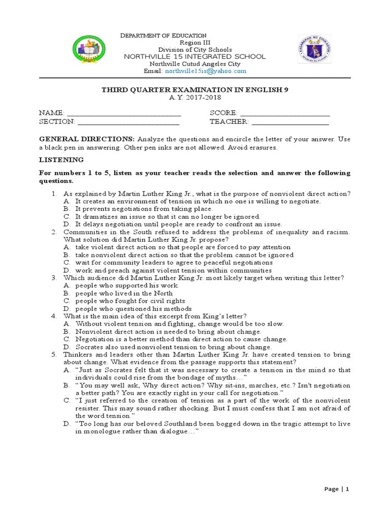 3rd Quarter Exam English 9 Theatre Audition Free 30day Trial