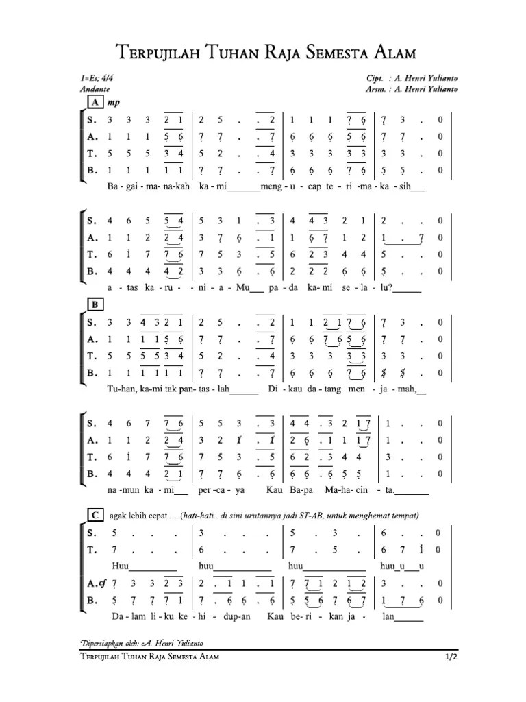 Terpujilah Tuhan Raja Semesta Alam (Partitur SATB)