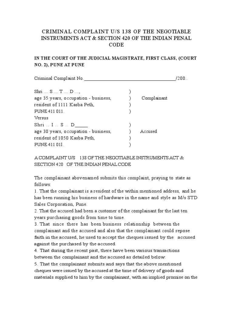 Criminal Complaint Us 138 of The Negotiable Instruments