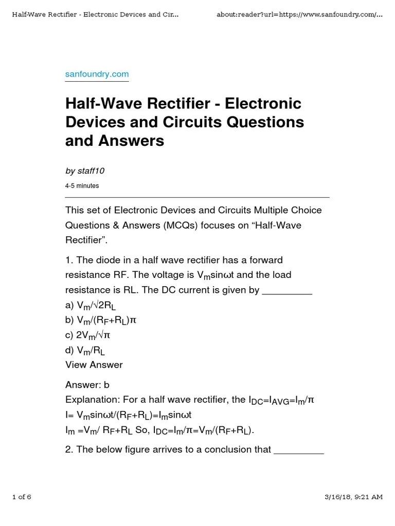 Questions & Answers On Application of Diodes PDF Rectifier Electronic Filter