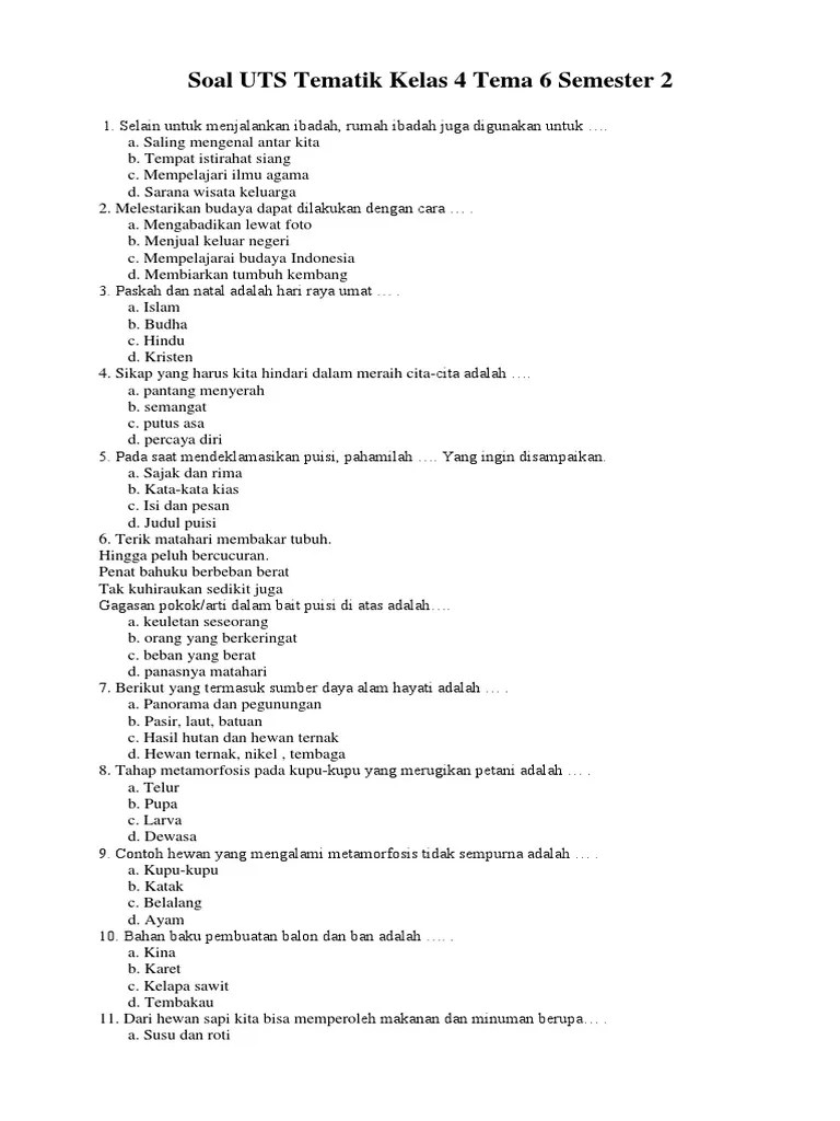 Soal UTS Tematik Kelas 4 Tema 6 Semester 2