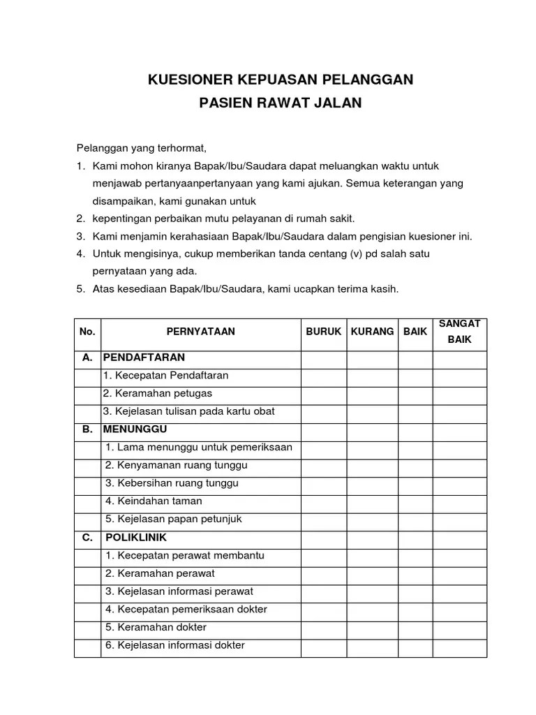 Contoh Kuesioner Kepuasan Pasien Rawat Jalan Berbagi Rawat