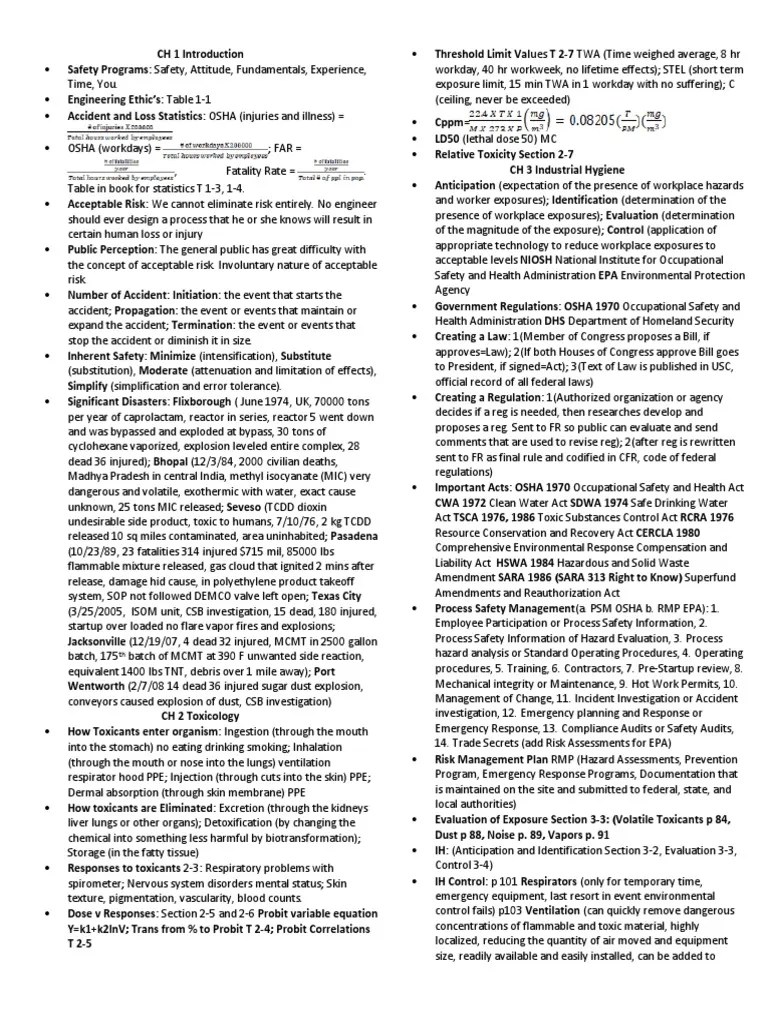 Exam 1 Cheat Sheet Resource Conservation And Recovery Act Occupational Safety And Health