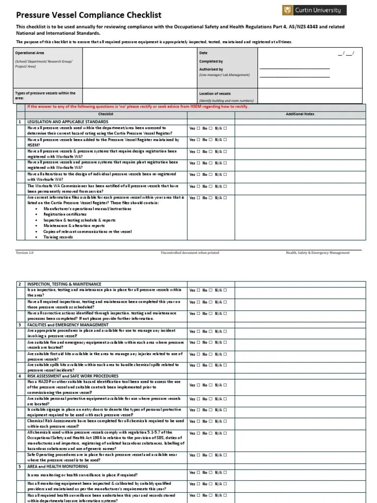 Pressure Vessel Compliance Checklist Prevention Occupational Safety