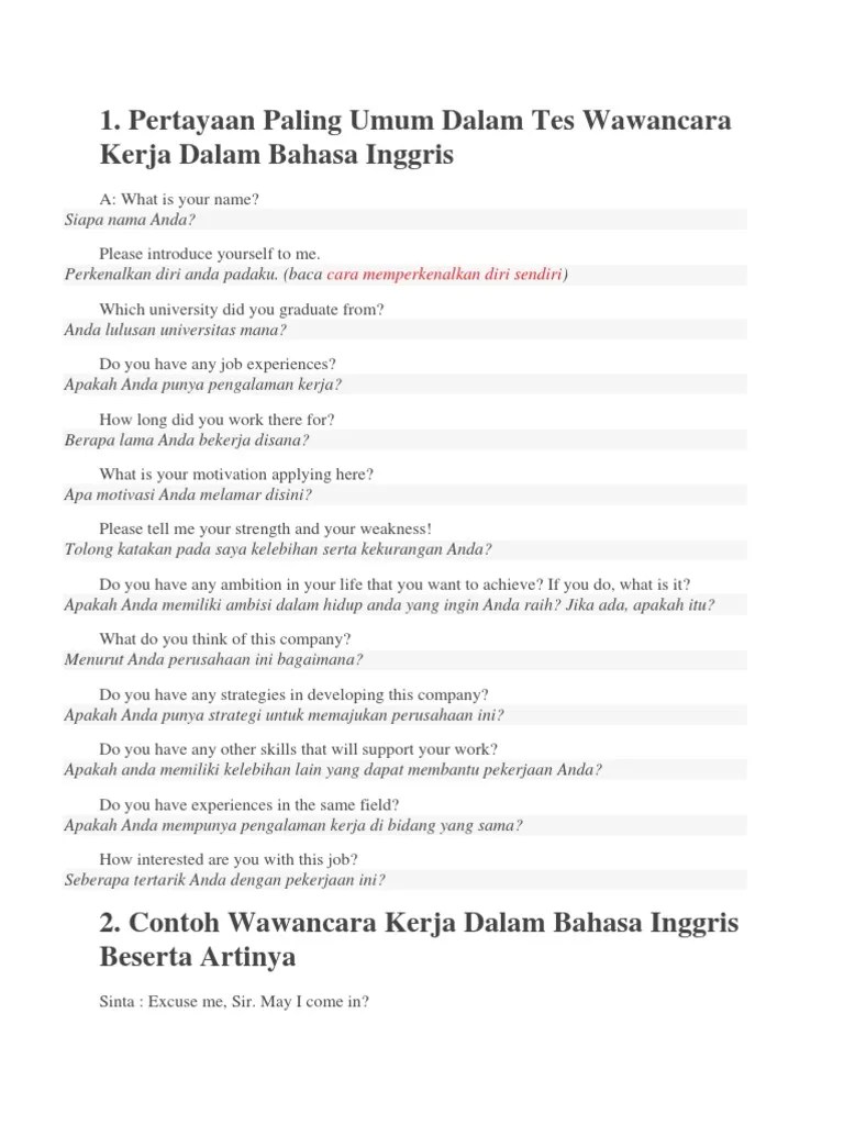 Contoh Interview Kerja Bahasa Inggris Dan Jawabannya