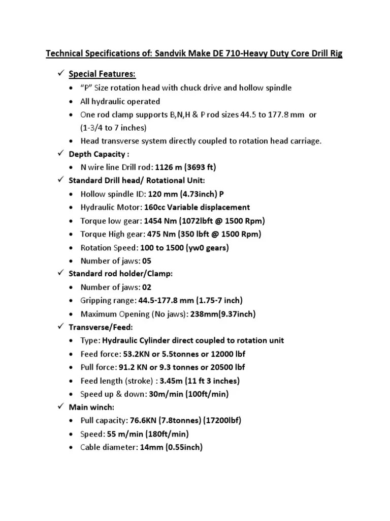 Technical Specifications of Sandvik DE710 Drilling Rig PDF