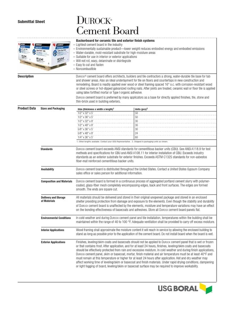 Durock Cement Board Submittal Sheet.pdf Framing (Construction