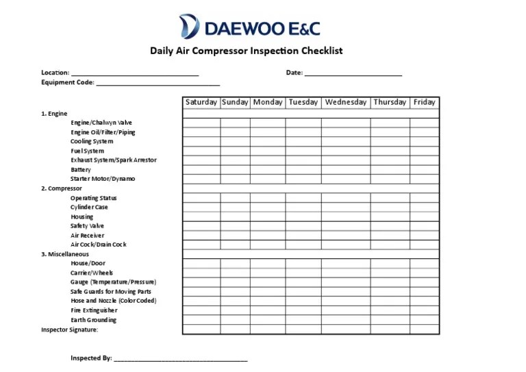 Daily Air Compressor Inspection Checklist PDF