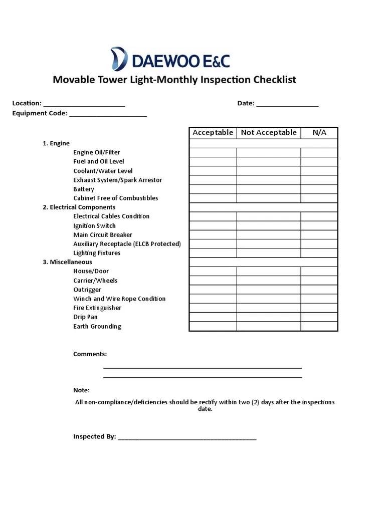 Monthly Movable Tower Light Inspection Checklist