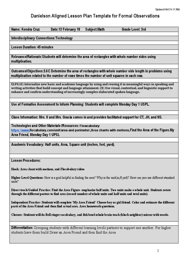 Danielson Aligned Lesson Plan Template For Formal Observations PDF Educational Assessment