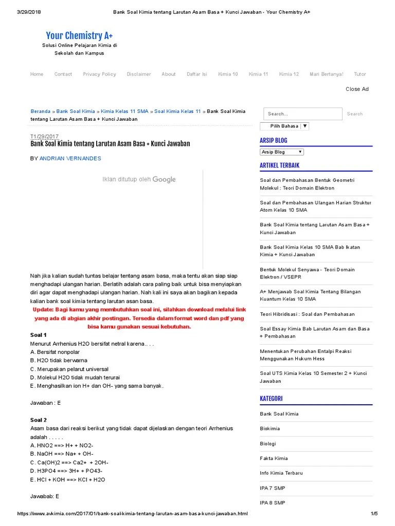 Bank Soal Kimia tentang Larutan Asam Basa + Kunci Jawaban Your