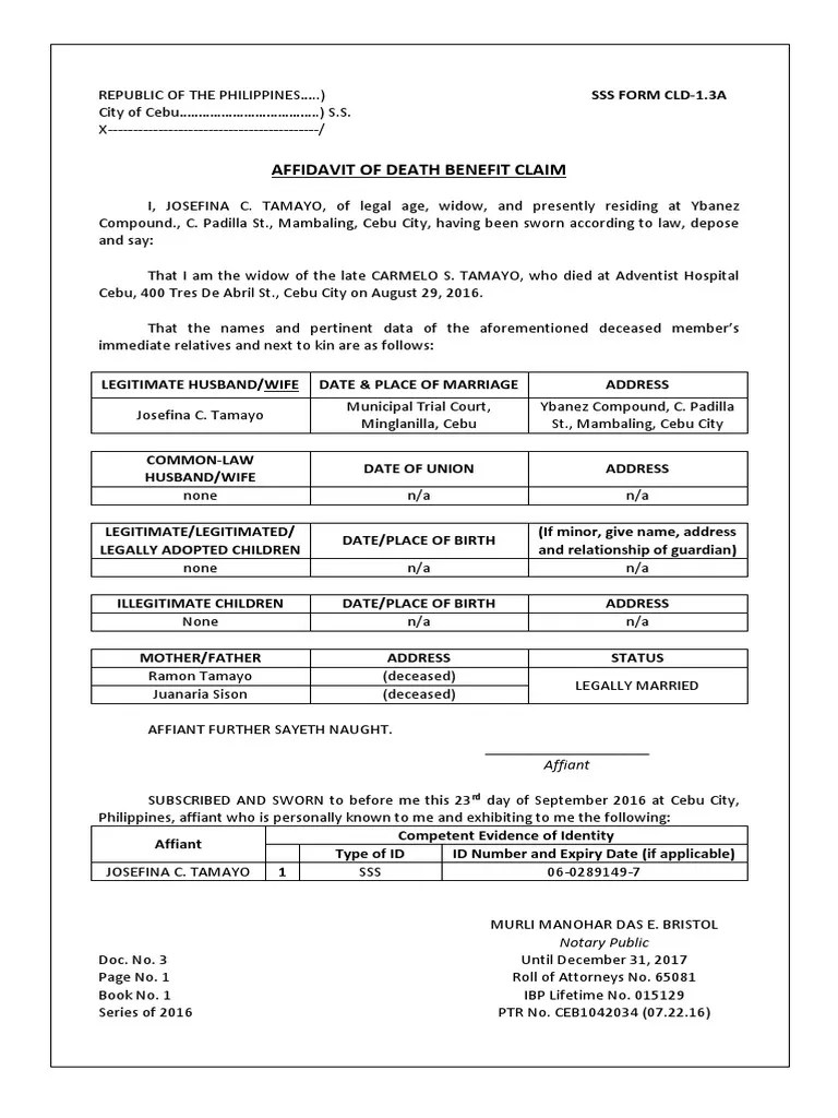 Affidavit of Death Benefit Claim PDF Affidavit Marriage, Unions