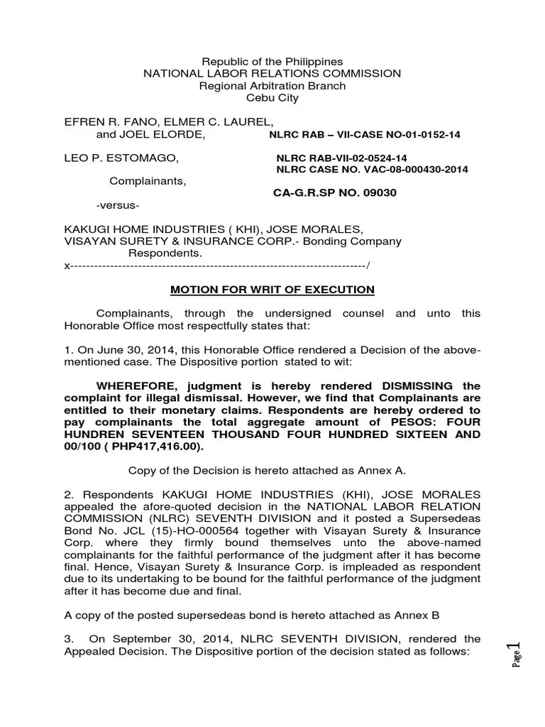 Motion For Writ of Execution PDF Supersedeas Bond Government