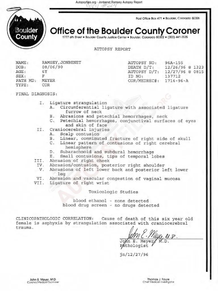Ramsey Autopsy Report Summary PDF Law