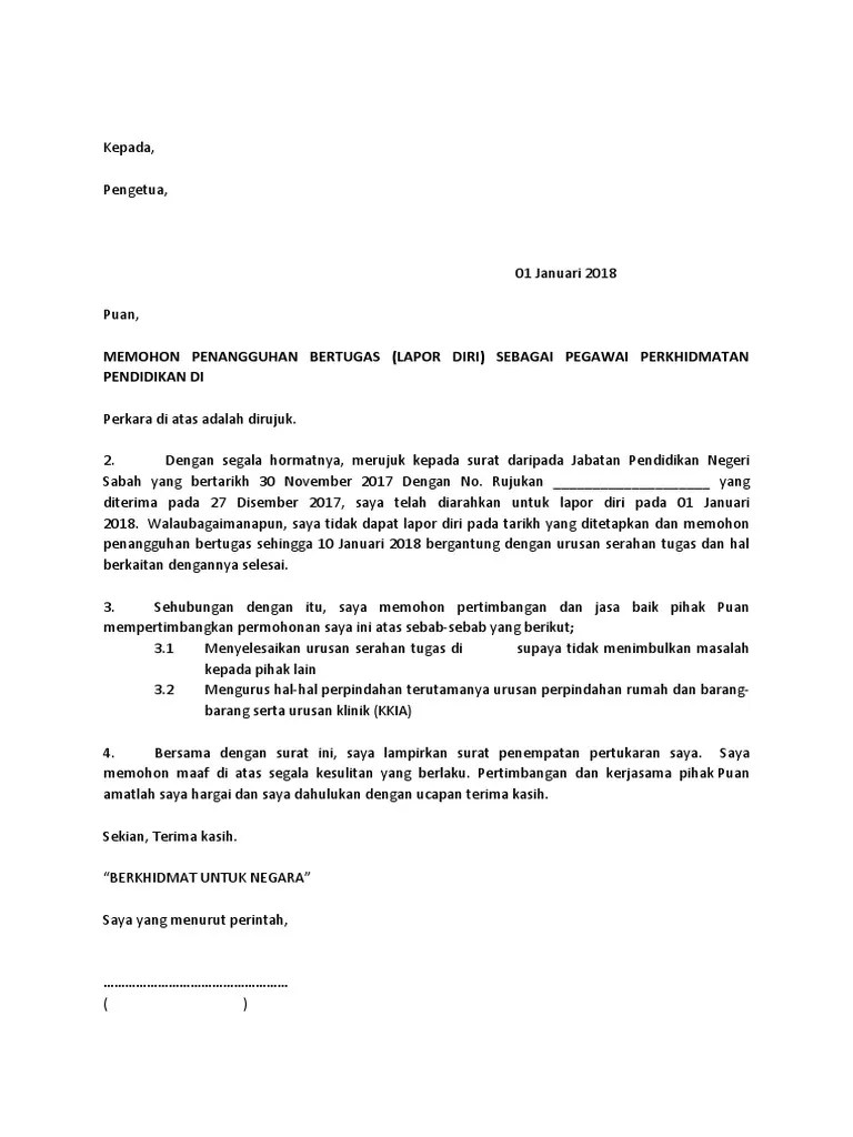 Contoh surat tangguh lapor diri guru. Surat Penangguhan Lapor Diri